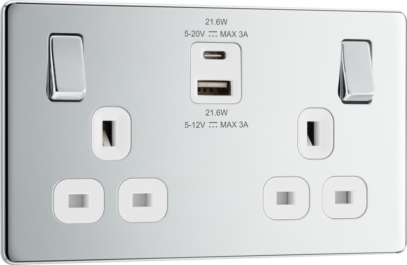 BG Electrical Flatplate Screwless Polished Chrome - Double switched single pole, with USB A + C (22W)