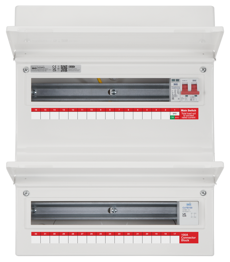 BG Circuit Protection Dual Row - 36 module, 31 way, 100A Main Switch, 100A Connector Block, Type 2 SPD