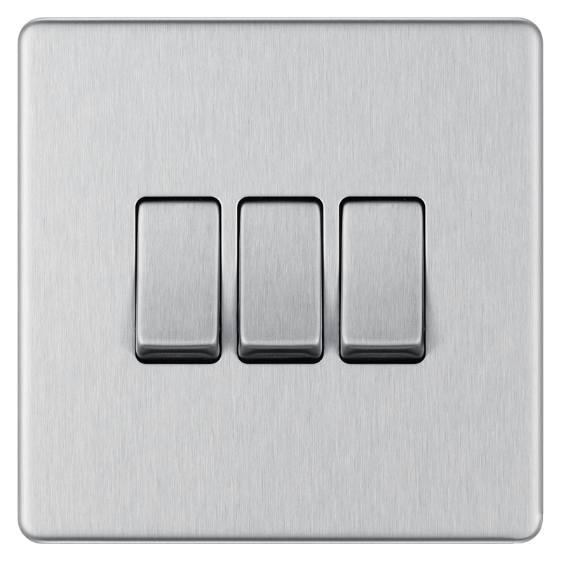 BG Electrical Flatplate Screwless Brushed Steel - Triple, 2 way switch