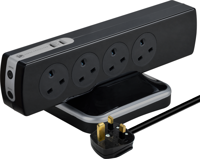 Masterplug High Gloss USB - 2 x USB A, 8 Sockets, 2m, 13A, Gloss Black