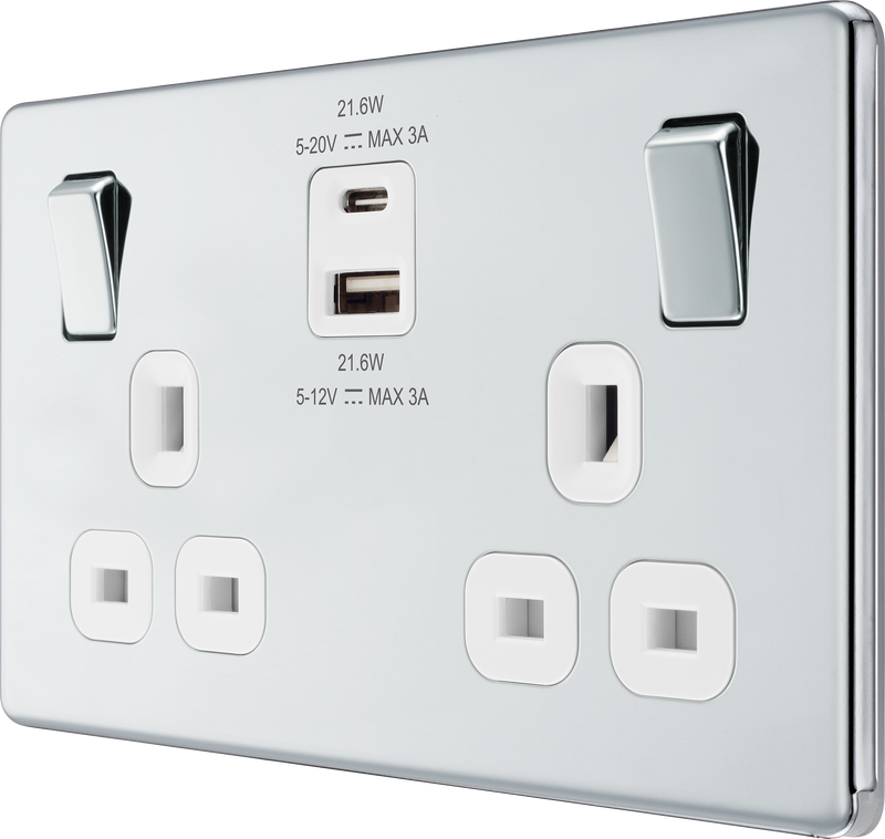 BG Electrical Flatplate Screwless Polished Chrome - Double switched single pole, with USB A + C (22W)