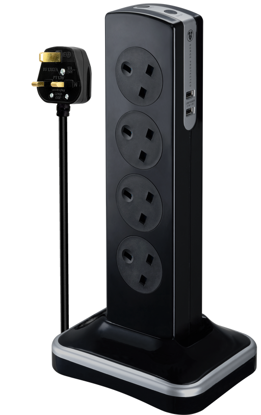 Masterplug High Gloss USB - 2 x USB A, 8 Sockets, 2m, 13A, Gloss Black