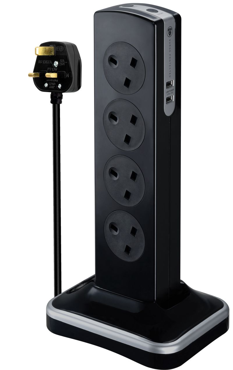 Masterplug High Gloss USB - 2 x USB A, 8 Sockets, 2m, 13A, Gloss Black