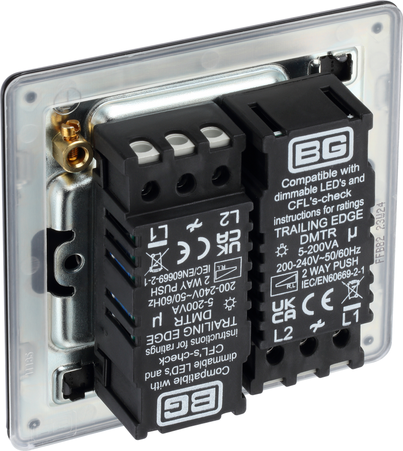 BG Electrical Flatplate Screwless Matt Black - Double, 2 way push 200W