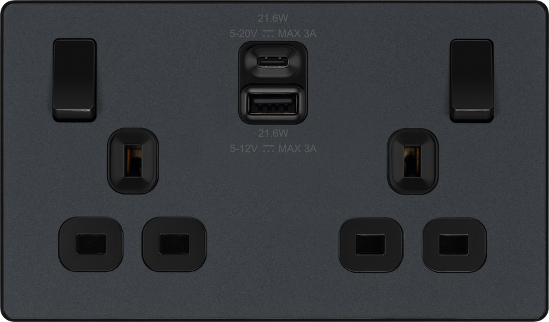BG Electrical Evolve Matt Grey - Double switched single pole, with USB A + C (22W)