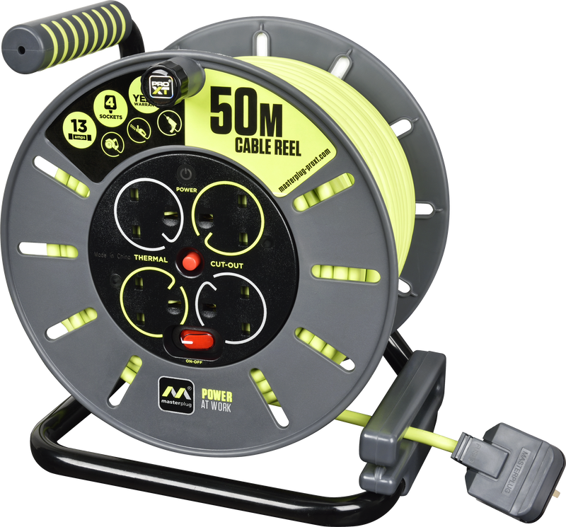 Masterplug Pro XT - 50m, 4 Sockets, 13A, Grey + Green