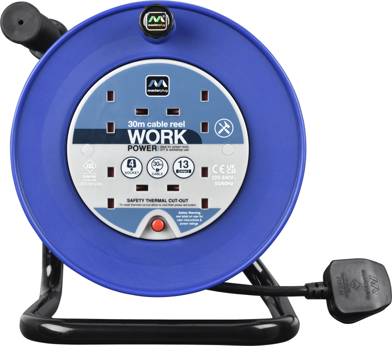 Masterplug Work - 30m, 4 Sockets, 13A, Blue