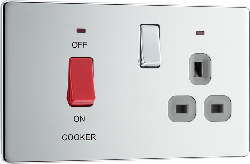 BG Electrical Flatplate Screwless Polished Chrome - 45A double pole, with switched socket and indicators
