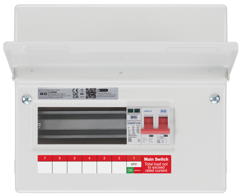 BG Circuit Protection Main Switch SPD - 9 module, 6 way, 100A Main Switch, Type 2 SPD