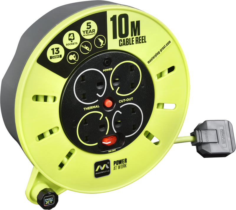 Masterplug Pro XT - 10m, 4 Sockets, 13A, Grey + Green