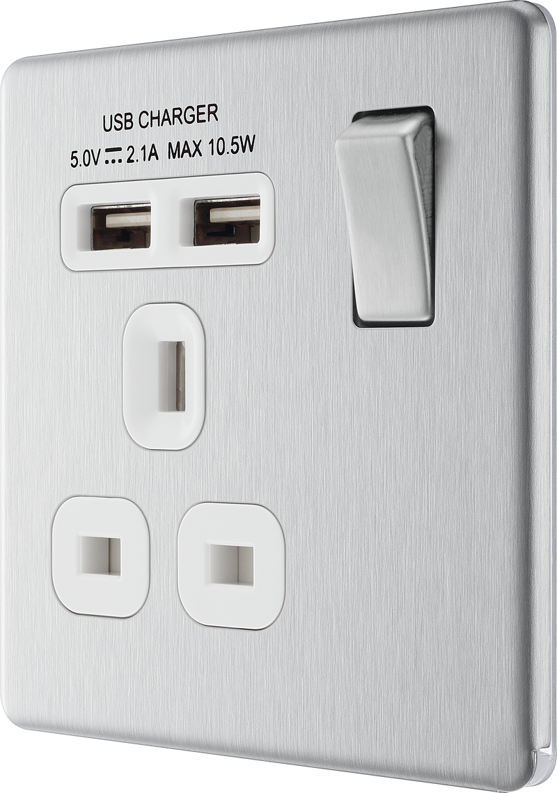 BG Electrical Flatplate Screwless Brushed Steel - Single switched, single pole, with 2 x USB A