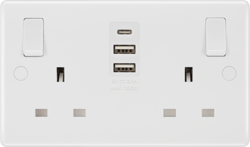 BG Electrical 800 Series - Double switched single pole, with 2 x USB A + 1 x USB C (15W)