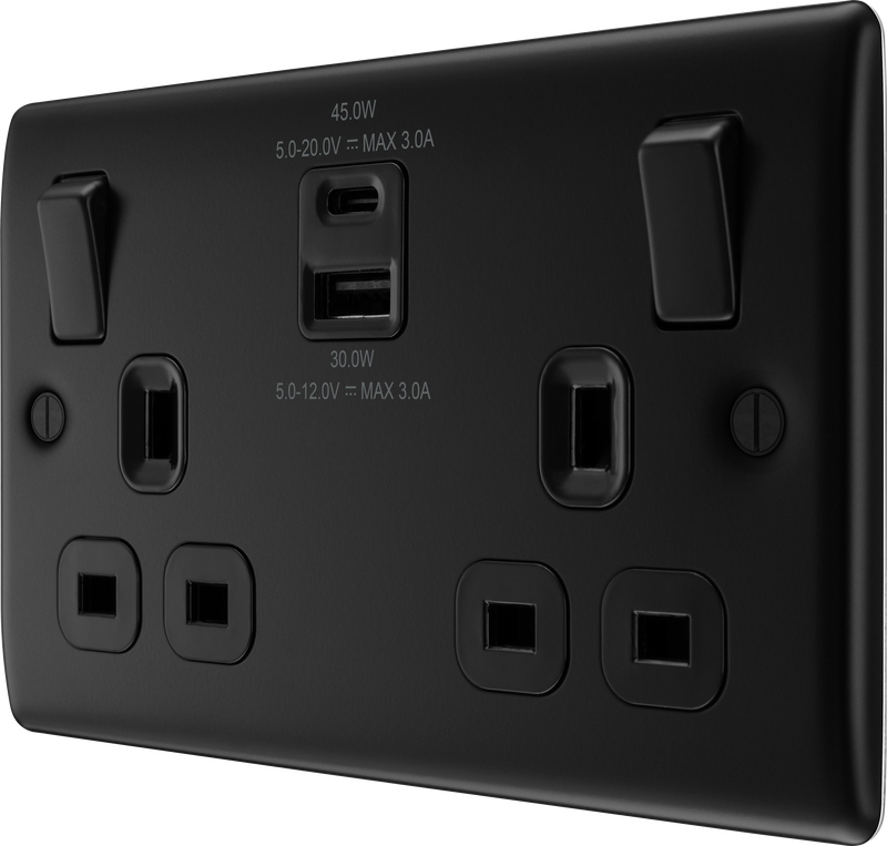 BG Electrical Nexus Metal Matt Black - Double switched single pole, with USB A + C (45W)