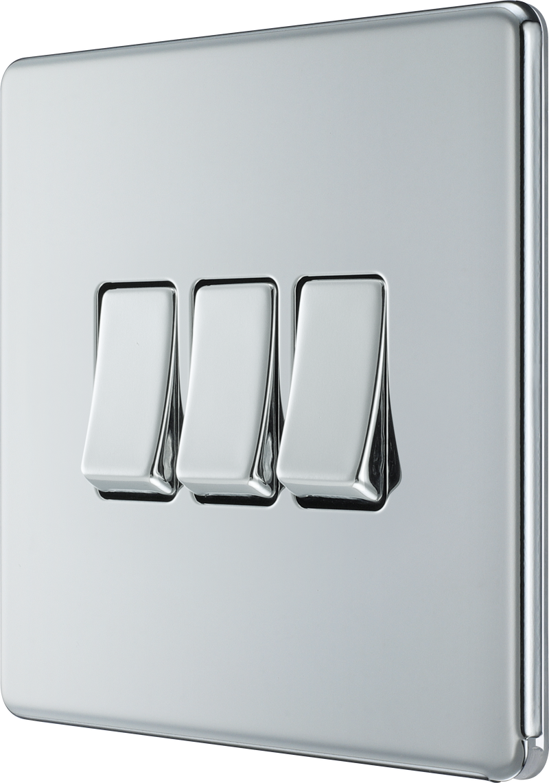 BG Electrical Flatplate Screwless Polished Chrome - Triple, 2 way switch