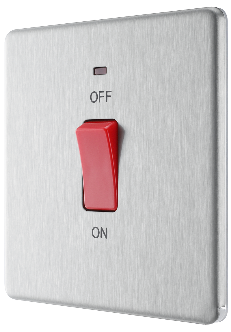 BG Electrical Flatplate Screwless Brushed Steel - 45A, double pole, single plate, with indicator