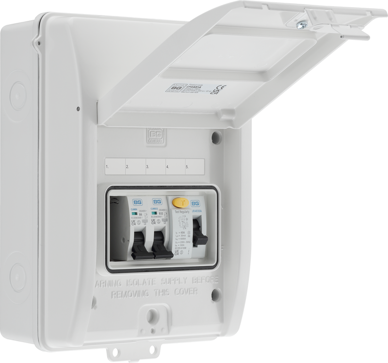 BG Circuit Protection IP65 Weatherproof - 5 module, 3 way, 40A Type A RCD, 2 MCB's