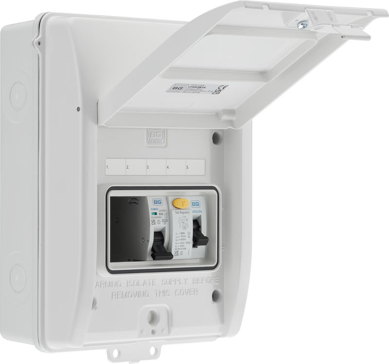 BG Circuit Protection IP65 Weatherproof - 5 module, 3 way, 63A Type A RCD, 1 MCB