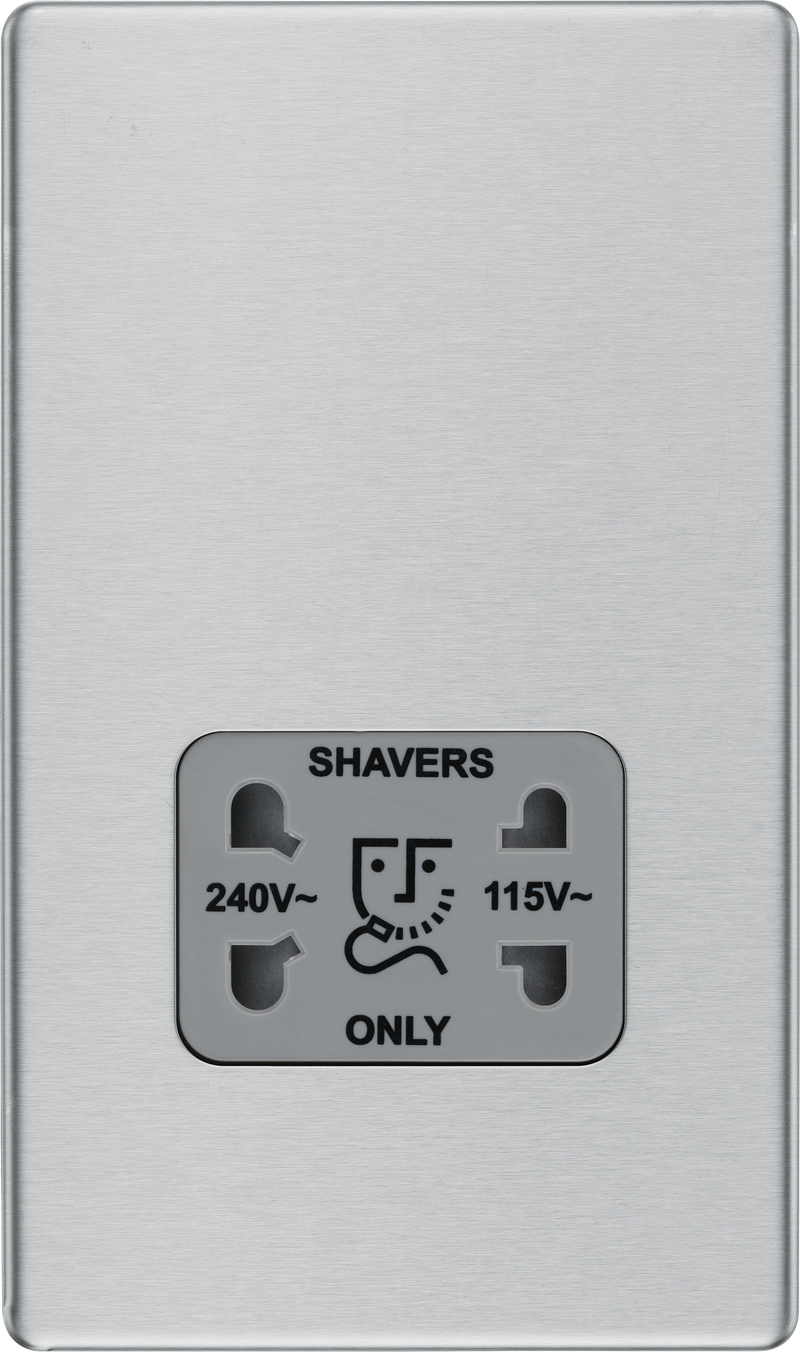 BG Electrical Flatplate Screwless Brushed Steel - 115/240V dual voltage shaver socket