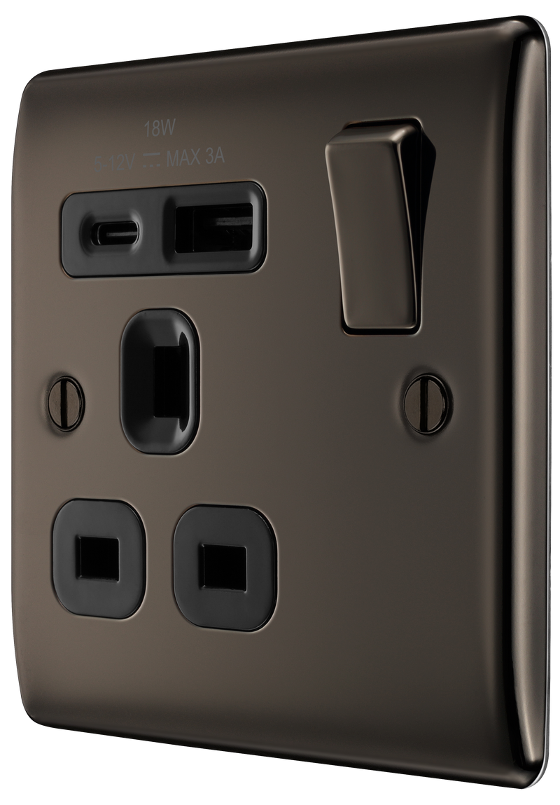 BG Electrical Nexus Metal Black Nickel - Single, switched, single pole, with 1 x USB A + 1 x USB C