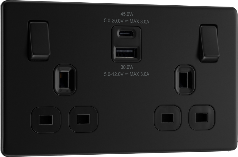 BG Electrical Flatplate Screwless Matt Black - Double switched single pole, with USB A + C (45W)
