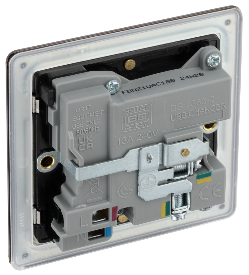 BG Electrical Flatplate Screwless Black Nickel - Single, switched, single pole, with 1 x USB A + 1 x USB C