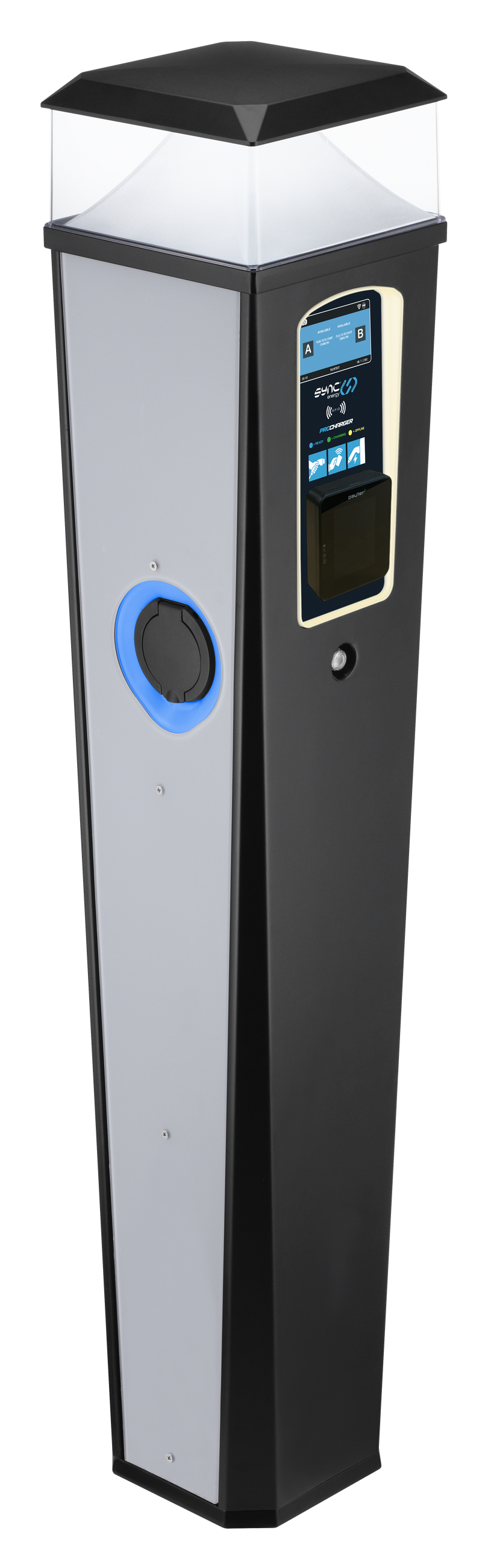 Sync Energy Pro Charger - EV Twin Bollard Pro Charger with Light 2 x 7.4kW, Single Phase - 4G, MID Meter with Pay Terminal