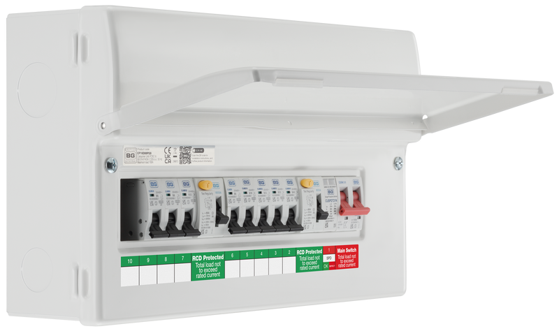 BG Circuit Protection Dual RCD SPD - 16 module, 9 way, 100A Main Switch, 2 x 80A Type A RCD, 8 MCB's, Type 2 SPD