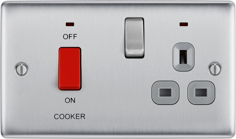 BG Electrical Nexus Metal Brushed Steel - 45A double pole, with switched socket and indicators