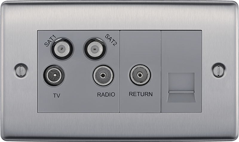 BG Electrical Nexus Metal Brushed Steel - Quadplex, 2 x sat, BT outlet and co-ax returned - screened