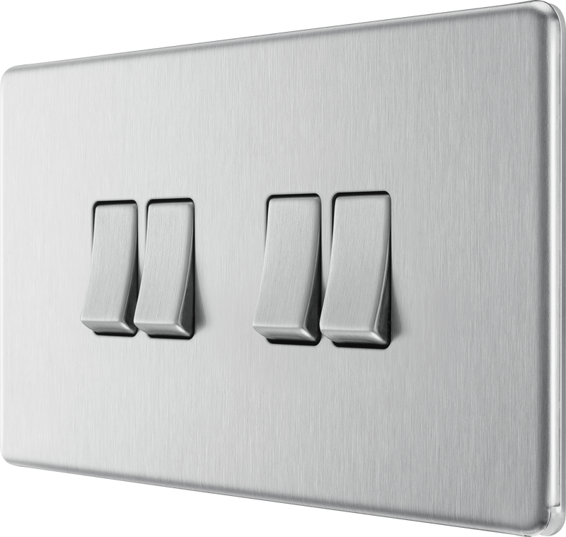 BG Electrical Flatplate Screwless Brushed Steel - Quadruple, 2 way switch