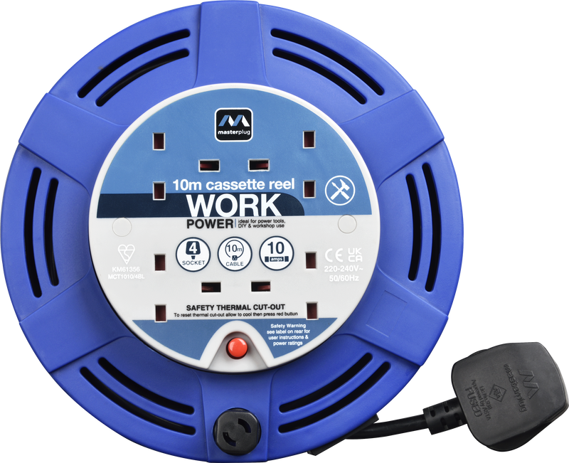 Masterplug Work - 10m, 4 Sockets, 10A, Blue