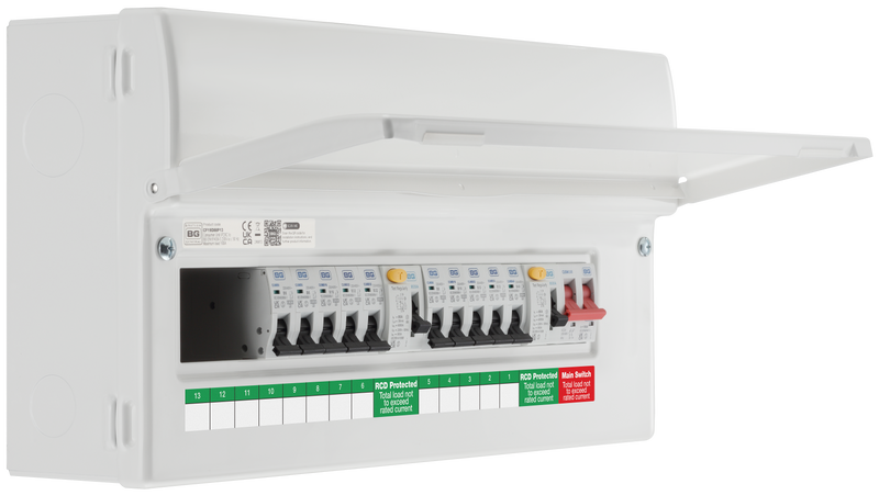 BG Circuit Protection Dual RCD SPD - 19 module, 13 way, 100A Main Switch, 2 x 80A Type A RCD, 10 MCB's