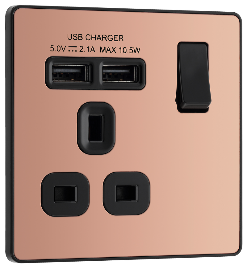 BG Electrical Evolve Polished Copper - Single, switched, single pole, with 2 x USB A
