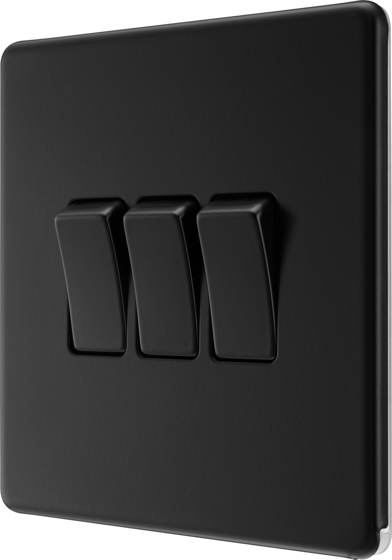 BG Electrical Flatplate Screwless Matt Black - Triple, 2 way switch