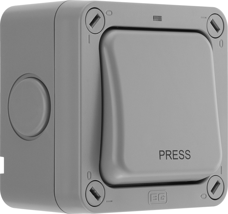 BG Electrical Weatherproof Storm - Single, 2 way retractive, printed 'PRESS', IP66