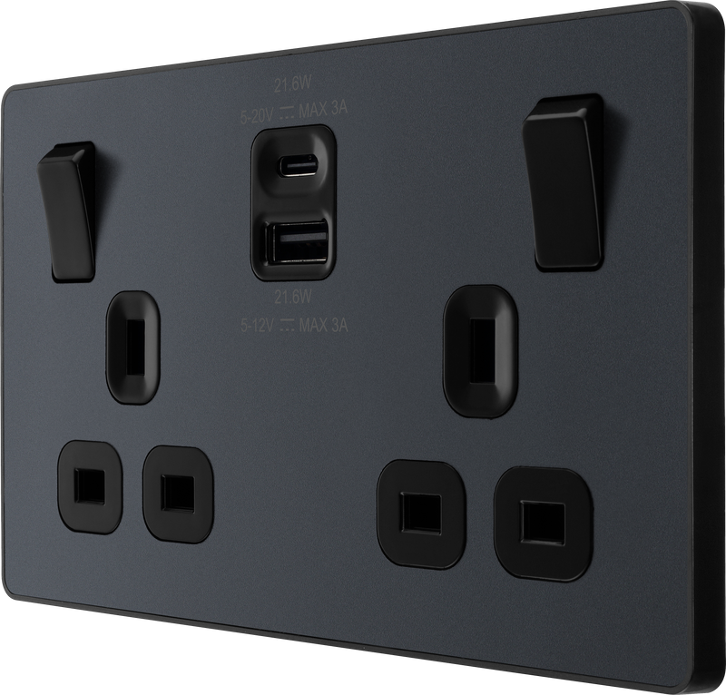BG Electrical Evolve Matt Grey - Double switched single pole, with USB A + C (22W)