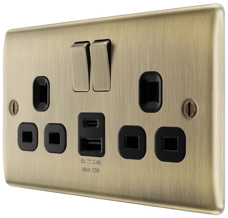 BG Electrical Nexus Metal Antique Brass - Double switched single pole, with USB A + C (12W)