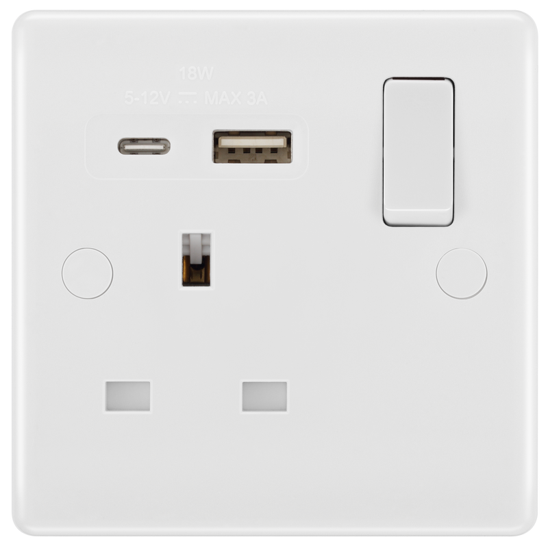 BG Electrical 800 Series - Single, switched, single pole, with 1 x USB A + 1 x USB C