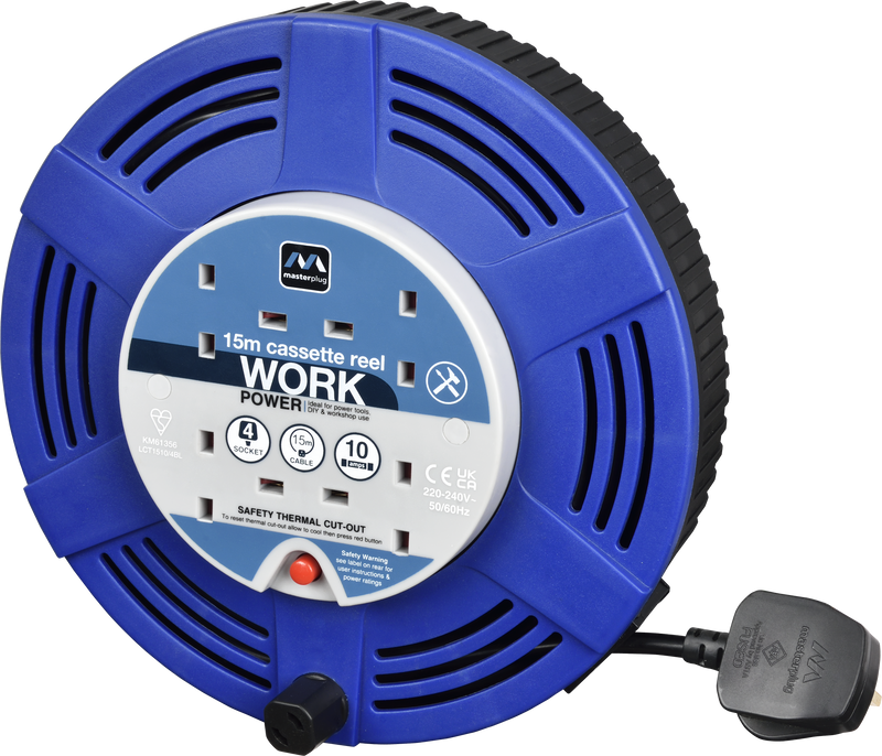 Masterplug Work - 15m, 4 Sockets, 10A, Blue