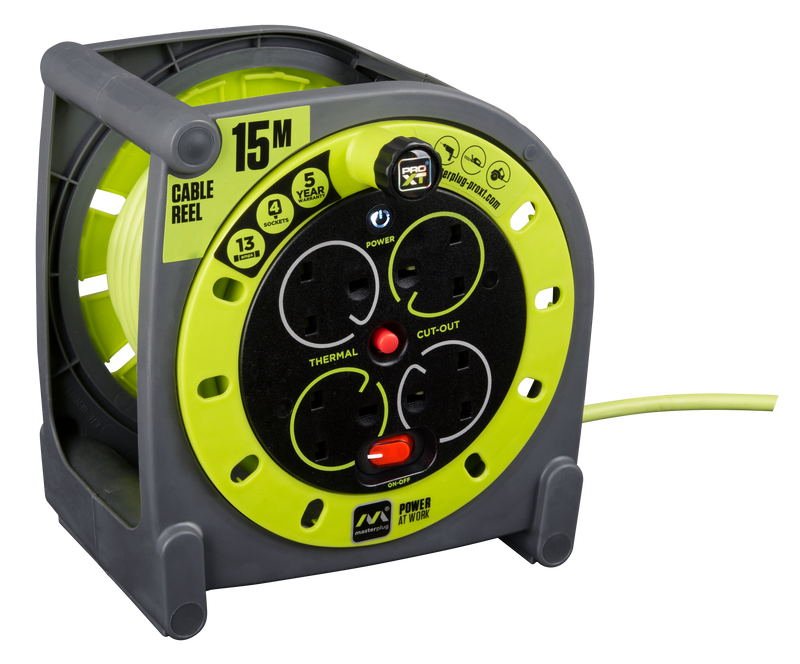 Masterplug Pro XT - 15m, 4 Sockets, 13A, Grey + Green