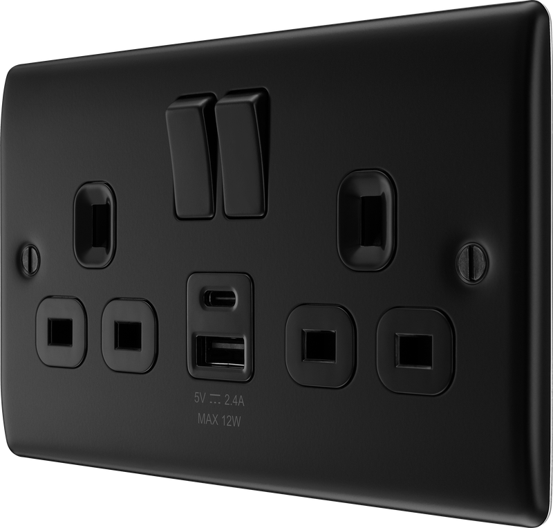 BG Electrical Nexus Metal Matt Black - Double switched single pole, with USB A + C (12W)