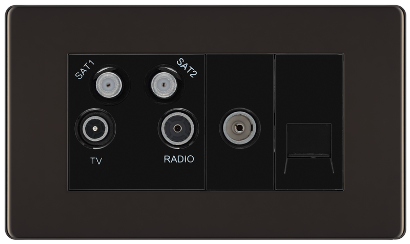 BG Electrical Flatplate Screwless Black Nickel - Quadplex 2 x sat, BT outlet and co-ax returned - screened