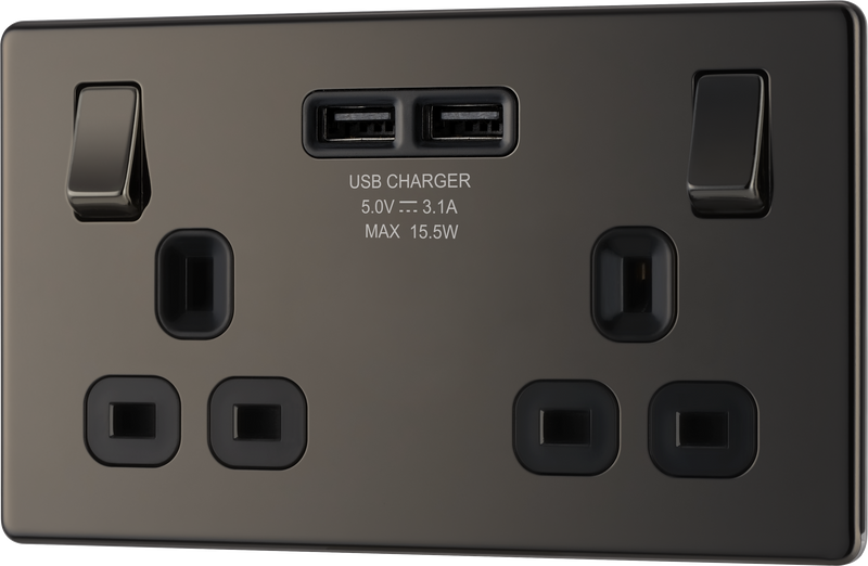 BG Electrical Flatplate Screwless Black Nickel - Double switched single pole, with 2 x USB A
