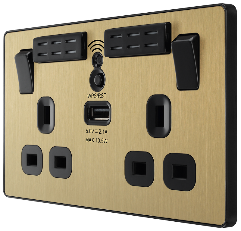 BG Electrical Evolve Satin Brass - Double, switched, single pole, WiFi Extender + USB A