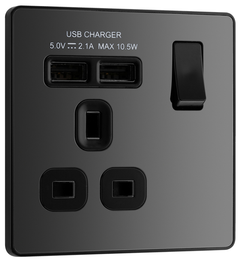 BG Electrical Evolve Black Chrome - Single, switched, single pole, with 2 x USB A
