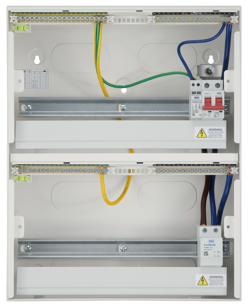 BG Circuit Protection Dual Row - 36 module, 31 way, 100A Main Switch, 100A Connector Block, Type 2 SPD