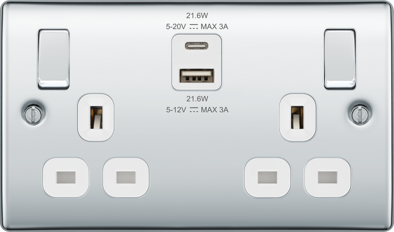 BG Electrical Nexus Metal Polished Chrome - Double switched single pole, with USB A + C (22W)