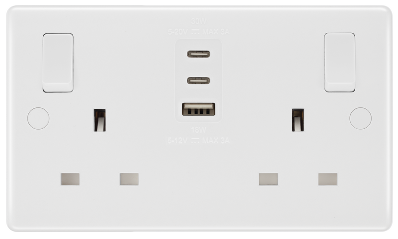 BG Electrical 800 Series - Double, switched, single pole, with 1 x A and 2 x C type USB (30W)