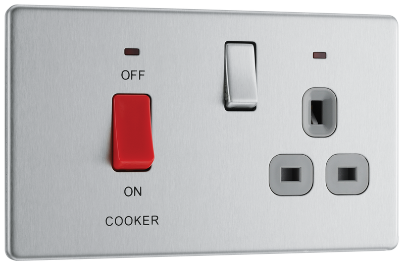 BG Electrical Flatplate Screwless Brushed Steel - 45A double pole, with switched socket and indicators