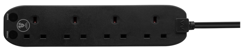 Masterplug Surge - 4 Sockets, 2m, 13A, Black